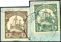 FRIEDRICH-WILHELMSHAFEN 14/12 09, Blau, Klar Auf 2 Zusammengehörenden Briefstücken 3 Und 5 Pfg Kaiseryacht, 5 Pfg Gepr.  - German New Guinea