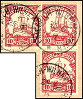 FRIEDRICHS-WILHELMSHAFEN 25/6 14, Je Klar Auf Postanweisungsausschnitt Einzelmarke (diese Mgl.) Und Senkr Paar 10 Pfg Sc - German New Guinea