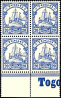 20 Pfg. Kaiseryacht, 4 Er - Block Vom Bogenunterrand Mit Inschrift "Togo", Postfrisch, Katalog: 10 ** - Togo