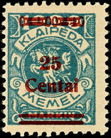 25 C. A. 1000 Mk Grünlichblau, Type III, Ungebraucht Mit Originalgummierung, Kleine Gummischürfungen, Sonst Gut, Gepr. N - Memel (Klaipeda) 1923