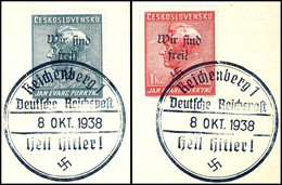 50 H Und 1 Kc Purkyne Je Mit Handstempel-Aufdruck "Wir Sind Frei! + Hakenkreuz", Jeweils Mit Sonderstempel  "REICHENBERG - Other & Unclassified