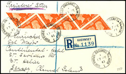 2 D 100 Jahre Briefmarken Halbiert, Waagerechter 6er-Streifen Auf R-Brief Von "GUERNSEY 1 17 FE 41" Nach Jersey, Tadello - Autres & Non Classés