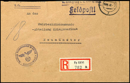 1943, Kriegsmarine, Feldpost-R-Brief An Das Wehrbezirkskommando In Neumünster Mit Stummen Aufgabe-Stpl. Vom 6.11.43 Und  - Altri & Non Classificati