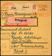 Dritte (über Braunschweig), Paketkarte An Häftling Nr. 26380, Postfreistempeler Posen (Wartheland) 02.08.44 über 1,75 Re - Altri & Non Classificati