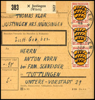 5 Pfg (2) Und 20 Pfg (4) Freimarken Auf Paketkarte Von Justingen/Württemberg Nach Tuttlingen, Paketkarten Der Französisc - Altri & Non Classificati
