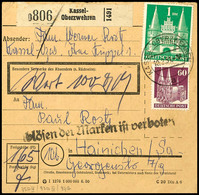 1 DM Bauten Eng Gezähnt Zusammen Mit 5 Und 60 Pfg Bauten Auf Paketkarte Von "KASSEL-OBERZWEHREN 10.2.51" Nach Hainichen, - Altri & Non Classificati