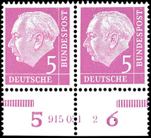 5 Pfg Heuss Mit Glatter Gummierung, Zwei Unterrand-Paare Mit HAN "915.051 2" Und "915.221 2", Tadellos Postfrisch, Inter - Other & Unclassified