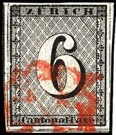 6 Rp Schwarz/dunkelbräunlichrot Mit Gut Sichtbaren Senkrechten Unterdrucklinien, Allseits Voll Bis Breitrandig, Mit Gute - 1843-1852 Federal & Cantonal Stamps