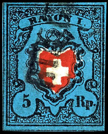 5 Rp Schwarz/rot Auf Blau, Voll Bis Breitrandig Mit Schwarzem Balkonstempel, Tadellos, Signiert Zumstein, Fotobefund Mar - Altri & Non Classificati