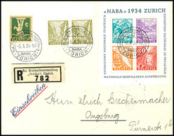 Blockausgabe "Naba 1934 Zürich" Auf Ausstellungs-R-Brief Mit Zusatzfrankatur Nach Augsburg, Rücks. Ankunftspl., Mi. 850. - Altri & Non Classificati