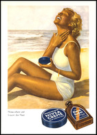 Werbung: Nivea, Color-Werbekarte Mit "gebräunte Frau Am Strand Cremt Sich Mit Nivea-Creme Ein", Werbeslogan: "Nivea Schü - Sonstige & Ohne Zuordnung