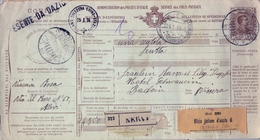 1914 , ITALIA , BOLETÍN DE EXPEDICIÓN DE PAQUETE POSTAL , NERVI ( GENOVA ) - BADEN ( SUIZA ) , DIVERSAS MARCAS - Colis-postaux