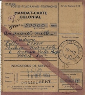 1950- Mandat-carte / COLONIAL De PONDICHERY   - Valeur  50.000 F - Cartas & Documentos