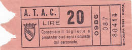 ROMA   /  A.T.A.C -  Biglietto Di Corsa Semplice  _  Lire 20 - Europe