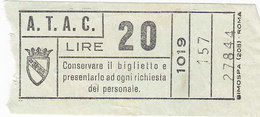 ROMA   /  A.T.A.C -  Biglietto Di Corsa Semplice  _  Lire 20 - Europe