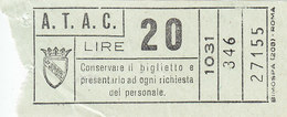 ROMA   /  A.T.A.C -  Biglietto Di Corsa Semplice  _  Lire 20 - Europe