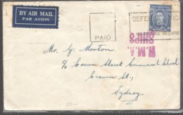 Military Air Letter From HMA Ship 3d.  Die III RARE Blackout Slogan Cancel: «Defense Force Mail - No Postage Required» - Lettres & Documents