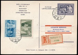 1949 XXII. Bélyegnap Alkalmi Díjjegyes Levelezőlapja Ajánlott Küldeményként New Yorkba, Kiegészítve - Altri & Non Classificati