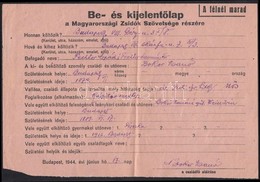 1944 Magyarországi Zsidók Szövetsége Be- és Kijelentőlap. - Autres & Non Classés