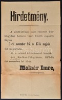 1873 Kiskunfélegyháza, Hirdetmény A Kolerajárvány Miatt Elmaradt Lőrinc-napi Vásár Megtartásáról - Ohne Zuordnung