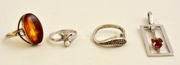 Ezüst (Ag.) Medál és Gyűrűk (3 Db), Közte Borostyán, Tenyésztett Gyöngy, Markazit, Bruttó: 15 G - Other & Unclassified