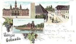 T2/T3 1899 Győr, Sziget, Új Városháza, Regatta Pavilon. Berec Viktor Kiadása. Szőlős Art Nouveau Litho (EK) - Non Classés