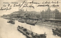 T3 1908 Pozsony, Pressburg, Bratislava; Rakpart Uszályokkal / Wharf With Barges (EK) - Non Classés