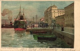 T2/T3 1910 Fiume, Adria Palais / Adria Palota, Rakpart, Gőzhajó, Vagonok / Palace, Quay, Steamships, Wagons. Ottmar Zieh - Ohne Zuordnung