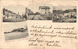 * T2/T3 1901 Titel, Fő Utca, Vasútállomás, Lagúnák, Tisza Part. Nonnenmacher Endre Kiadás / Main Street, Railway Station - Unclassified