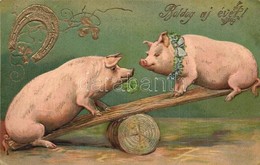 * T2/T3 1905 Boldog Újévet! / New Year Greeting Card With Pigs On A Seesaw. Emb. Litho (EK) - Non Classés