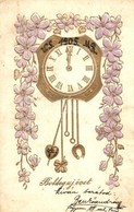 T2/T3 1904 Boldog Újévet! / New Year Greeting Card With Clock. Art Nouveau, Floral, Emb. Litho (EK) - Non Classés