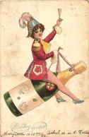 T2/T3 1905 Boldog Újévet! / New Year Greeting Card With Lady And A Champagne Bottle Between Her Legs. Litho (EK) - Ohne Zuordnung