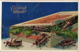 T2 Pünkösdi üdvözlet / Pentecost Greeting Art Postcard With May Bugs (Cockchafer). Golden Decorated Litho - Unclassified