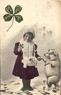 T4 1909 Boldog Újévet! / New Year Greeting Card With Pig And Girl (EM) - Unclassified