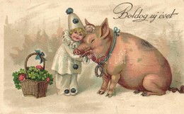 T2/T3 Boldog Újévet! / New Year Greeting Card With Pig And Clown. Litho (EK) - Non Classés