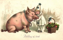 T2/T3 Boldog Újévet! / New Year Greeting Card With Pig And Clown. Litho (EK) - Non Classés