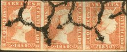 º3(3). 1850. 5 Reales Rojo, Tira De Tres (claridad Que No Afecta A La Espectacularidad E Importancia De La Pieza). MAGNI - Sonstige & Ohne Zuordnung