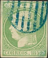 º15. 1852. 5 Reales Verde. Matasello PARRILLA, En Azul. MAGNIFICO. Edifil 2014: 300 Euros - Otros & Sin Clasificación