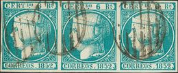 º16(3). 1852. 6 Reales Azul Verdoso, Tira De Tres. Color Excepcional Y Enormes Márgenes (matasello Limpio). MAGNIFICA Y  - Autres & Non Classés