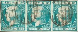 º16(3). 1852. 6 Reales Azul Verdoso, Tira De Tres. Color Excepcional Y Enormes Márgenes (matasello Limpio). MAGNIFICA Y  - Other & Unclassified