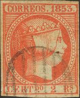 º19. 1853. 2 Reales Bermellón. Márgenes Completos Y Matasello Limpio. MAGNIFICO Y RARO. Cert. COMEX. - Otros & Sin Clasificación