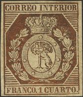 (*)22. 1853. 1 Cuarto Bronce. Amplios Márgenes Y Excelente Color. MAGNIFICO. Cert. GRAUS. - Autres & Non Classés