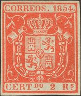 (*)25. 1854. 2 Reales Rojo. Amplios Márgenes Y Color Intenso. MAGNIFICO. Cert. COMEX. - Autres & Non Classés