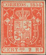 (*)25. 1854. 2 Reales Rojo. Amplios Márgenes Y Color Intenso. MAGNIFICO. Cert. COMEX. - Altri & Non Classificati