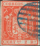 º25. 1854. 2 Reales Rojo. Matasello PARRILLA, En Azul. BONITO Y RARO. Cert. COMEX. Edifil 2014: 325 Euros - Otros & Sin Clasificación