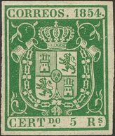 (*)26. 1854. 5 Reales Verde. Color Intenso Y Grandes Márgenes. PIEZA DE LUJO. Cert. COMEX. - Sonstige & Ohne Zuordnung