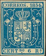 (*)27. 1854. 6 Reales Azul. Color Intenso Y Grandes Márgenes. PIEZA DE LUJO. Cert. CEM. - Autres & Non Classés