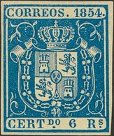 (*)27. 1854. 6 Reales Azul. Color Intenso Y Grandes Márgenes. PIEZA DE LUJO. Cert. CEM. - Otros & Sin Clasificación