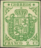 (*)32A. 1854. 2 Cuartos Verde PAPEL GRUESO AZULADO, Borde De Hoja (manchitas Del Tiempo Limpiadas). Enormes Márgenes Y C - Sonstige & Ohne Zuordnung