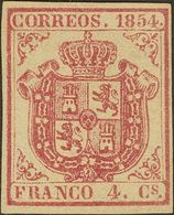 (*)33A. 1854. 4 Cuartos Carmín. PAPEL GRUESO AZULADO. MAGNIFICO Y RARO. Cert. COMEX. - Altri & Non Classificati